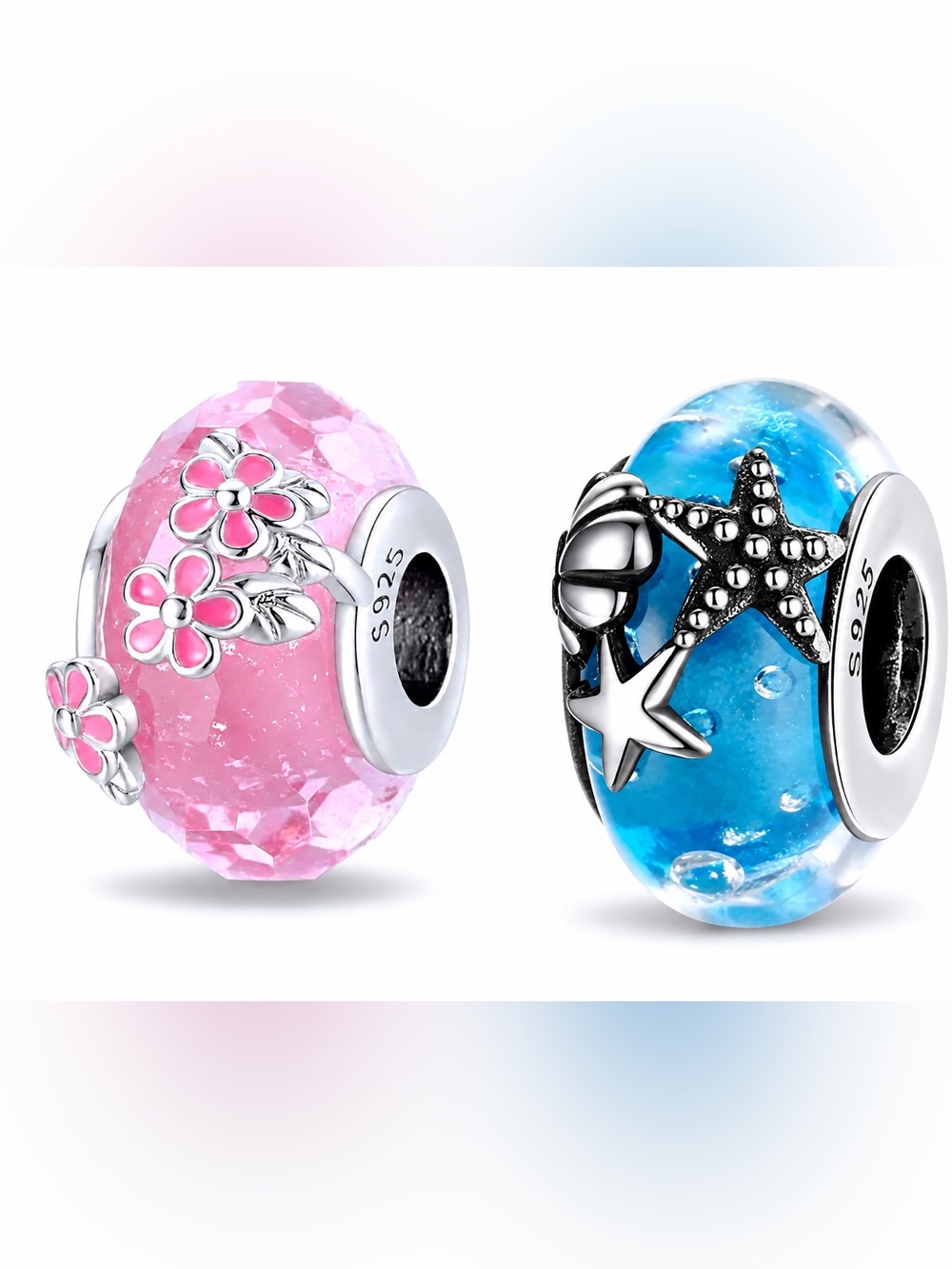 925 Glass Starfish Or Pink Murano Glass Charm~ Fits Pandora & Other Bracelets